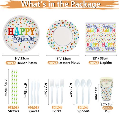 XJLANTTE Rainbow Party Supplies - Birthday Banner, Colorful Mini Polka Dot Paper Plates, Napkins, Cups, Tablecloth, Knives, Fork, Spoon and Straws for Kid Adult Party Decorations, Serves 20 Guests