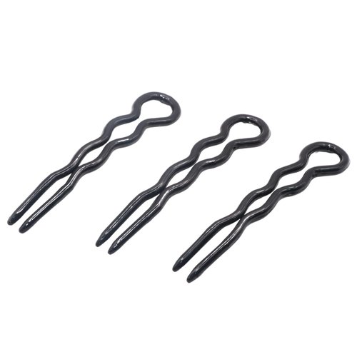 Parcelona French Slick Black Small Wavy 3 Inch U Shaped Hair Pins for Fine Hair Types (3 Pins) (Black)