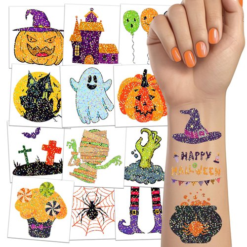 TatoYard 50 PCS Halloween Glitter Party Favors Supplies for Kids, Bulk Waterproof Birthday Party Decorations Accessories for Kids, Fake Removable Temporary Tattoos Stickers for Boys and Girls