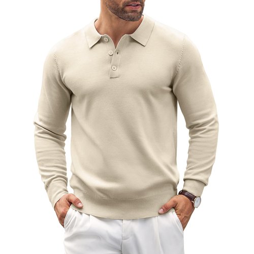 COOFANDY Men's Long Sleeve Polo Shirt Casual Knit Button Down Golf Shirt Cream