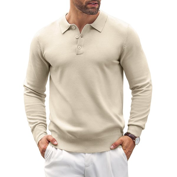 COOFANDY Men's Long Sleeve Polo Shirt Casual Knit Button Down Golf Shirt Cream