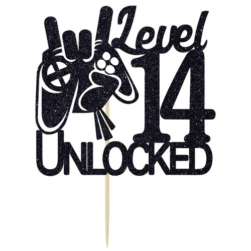 Cos mos Video Game Level 14 Unlocked Birthday Cake Topper Black Glitter Boys 14th Birthday Cake Decorations Level Up Winner Party Decoration Supplies