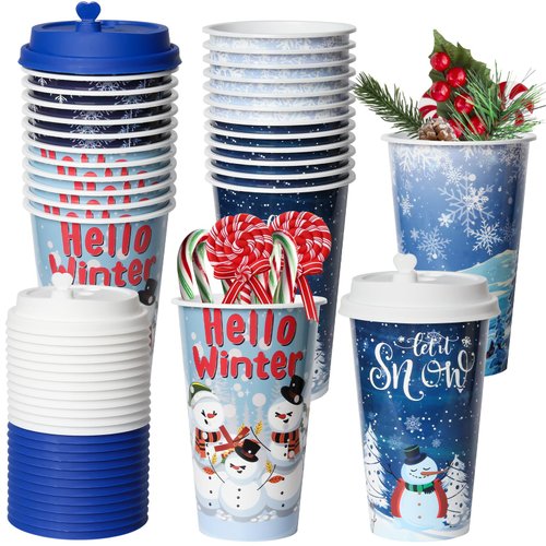 FZR Legend 24 Reusable Christmas Cups Snow Winter Wonderland Party Favors, 16OZ Reusable Frozen Plastic Cups for Kids Christmas Xmas Party Supplies with Lids Plugs