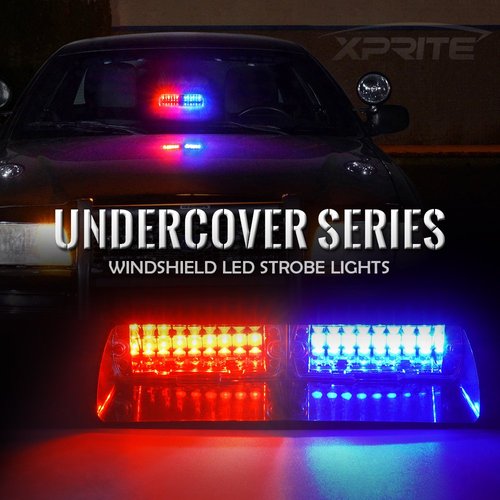 Xprite LED Red Blue Windshield Dash Emergency Strobe Lights w/Suction Cups for Police Law Enforcement POV Vehicles Trucks Rear Deck Hazard Warning Flashing Traffic Light (Others Color Available)