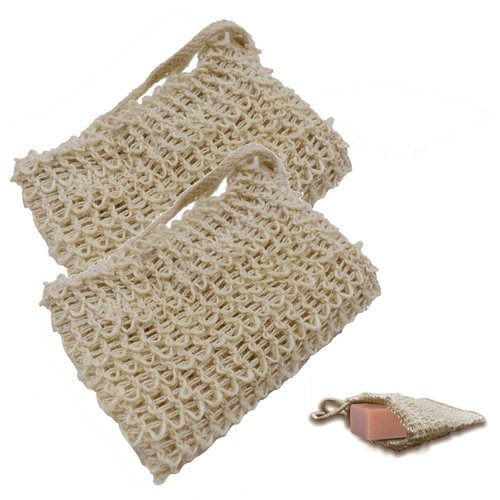 2 Pack Soap Exfoliating Bag Natural, Soap Saver with Drawstring and Wooden Bead Holder,Exfoliating Loofah Pouch for Bathroom Shower