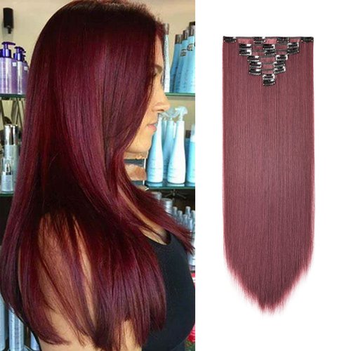 Benehair 8PCS Clip in Hair Extensions Wine Red Burgundy Highlight Seamless Double Weft Hair Extensions Full Head 18 Clips Women Hairpiece 26" Straight Tangle-free Silky Soft Party Valentines