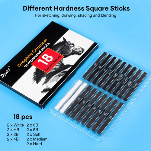 Dyvicl Compressed Graphite Charcoal Sticks, Square Black White Charcoal for Sketching, Drawing, Shading, Blending, Pack of 18