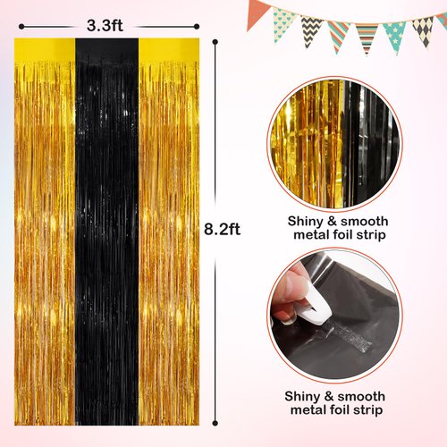 Black Gold Metallic Tinsel Foil Fringe Curtains, 4 Pack 3.3x8.3 Feet Party Streamer for Birthday Party Decorations, Halloween Decor, Foil Curtain for Bachelorette Party