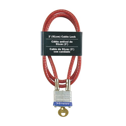 Master Lock 719D Steel Cable with Integrated Outdoor Padlock with Key, 1 Pack, Silver, 3' Long x 3/16' Diameter