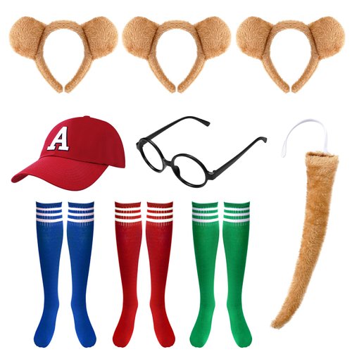 Chipmunks Costume Accessory Sets Chipmunks Costumes 3pcs Chipmunk Ears and tails 1 Piece Black Round Frame 3 Pairs Knee-High Socks 1 hat for Halloween Party Animal Costume Accessories