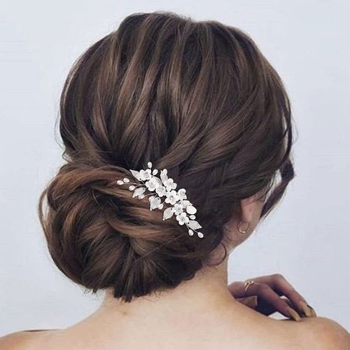 Gorais Flower Bride Wedding Hair Comb Silver Leaf Bridal Hair Piece Pearl Hair Clip Crystal Hair Accessories for Women and Girls