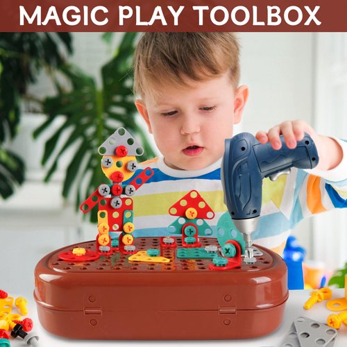 Magic Play Toolbox Drill,Magic Play Toolbox Bear,Little Brown Bear Repair Tool Box Toy,Creative Tool Box Set with Electric Drill for Kids Ages 3-12 Years Old