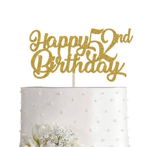 52nd Birthday Cake Topper, Gold Glitter Cheers To 52 Years Party Decoration, Supply