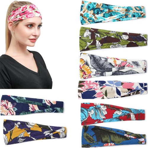 Hanfluenve 9Pcs Boho Floral Wide Headband for Women Girls Soft Fabric Hair Bands Vintage Flower Headbands Women's Fashion Headbands for Sport Daily
