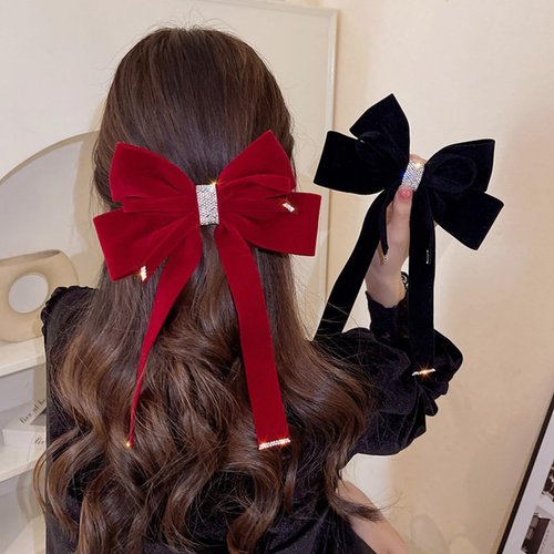 SINIDE Velvet Hair Bow Tail Satin Bow Long Tail Headpieces Winter Hair Barrette Headwear Hair Accessories for Women and Ladies Gifts, Elegant Hair Decor for Wedding Prom Dating