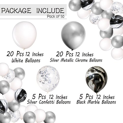 Mayen 50 Pcs 12 Inches Black Silver White Balloons Set, Black Marble Balloons, Silver Confetti Balloons, Birthday Party Decorations, New Years Eve Decorations, Silver Graduation Decorations