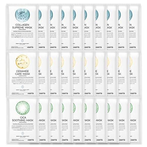#OOTD Hydrating Soothing Sheet Masks Gift Set for Skincare, Korean Vegan Sheet Mask for Dry, Sensitive Skin, Calming, Smoothing, Brightening, Collagen, Ceramide, Cica, Hyaluronic Acid 30EA