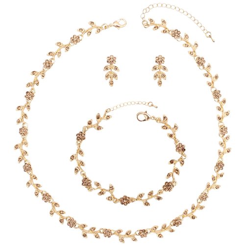 Enrwin Austrian Crystal Rhinestone Choker Necklace Dangle Earring Link Bracelet Jewelry Set for Brides Bridesmaid Prom Costume Accessories for Women (En001-Champagne-Gold Plated)