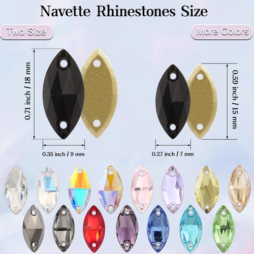 Horse Eye Rhinestones Flatback Sew on Rhinestone with 2 Holes 36pcs 9x18mm Glass Navette Shape Rhinestones for Crafts Project,Clothes,Costume,Shoes,Bags,Black