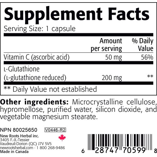 NEW ROOTS HERBAL Glutathione Supplement, 200 mg Reduced + Vitamin C (60 Veg Caps) | Free-Radical Protection| Gluten Free, Non-GMO.