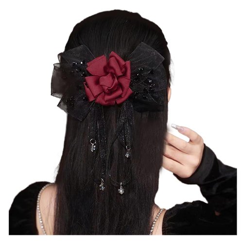 JKQBUX French Black ribbon Bow Barrette Rose Flower Hair Clips for Women Girls Hair Bowknot Clip Wedding Party Christmas 1PC Red