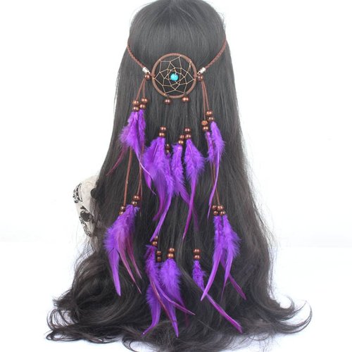 Outyua Turquoise Bohomian Long Feather Headpices Purple Feather Headdress Gypsy Native Peacock Adjustable Feather Headband Hair Jewelry for Women and Girls (Purple)