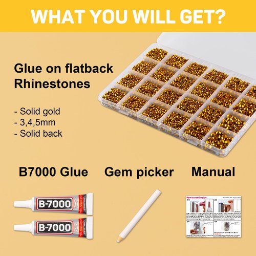 20100Pcs Gold Rhinestones with b 7000 Glue for Crafts Clothing Clothes Nails, Gold Flatback Crystals Diamonds for Clothing Fabric Shoes, Flat Back Rhinestones Bulk Bedazzle Kit 2/3/4/5/6mm Gemstones