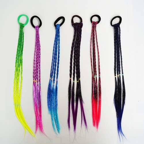 6 Pieces Colored Braids Hair Extensions with Rubber Bands Rainbow Braided Ponytail Synthetic Hairpieces for Kids Twist Braid Headdress Girls Rave festival Party Cosplay Daily Dress Up Hair Accessory