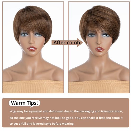 QUEEN VIRGIN REMY QVR Pixie Cut Wig Human Hair Wigs with Bangs Short Wigs for Black Women Human Hair Different Style Pixie Wig for Daily Wear Ombre Highlight Brown Color