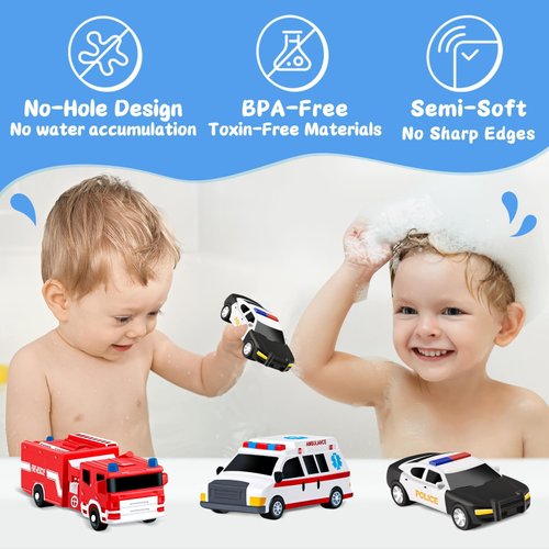 No Hole Baby Bath Toys for Kids Ages 1-3, Car Bath Toys Toddlers 2-4 Bath Toys for Babies 6-12-18 Months, Beach Pool Bathtub Toy, BPA-Free, Christmas Stocking Stuffers for Kids Birthday Gifts for Boys