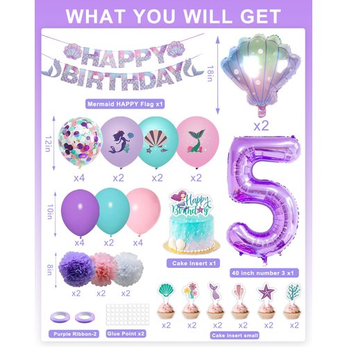 SKRCUI Mermaid Birthday Decorations Little Mermaid Party Decorations Mermaid Party Supplies Set with Mermaid Shell,Banner,Cake Topper,Pom Poms Flowers,Latex Balloons and Number 5 Balloon for Girls