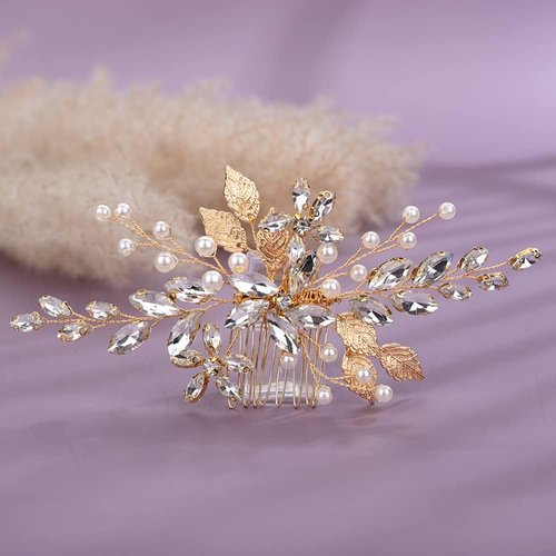 Rumtock Gold Leaf Crystal Beads Hair Comb for Wedding Brides Women Girls Hair Piece for Special Occasion Handmade Jewelry (Gold)