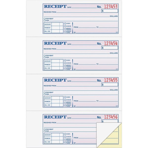 Adams Money and Rent Receipt Book, 2-Part, Carbonless, White/Canary, 7-5/8" x 10-7/8", Bound Wraparound Cover, 200 Sets per Book, 4 Receipts per Page (DC1182)