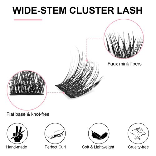 KISSXIAOYA Cluster Lashes Extensions, 144Pcs Individual Cluster Lashes D Curl 14mm, Wide Stem Cluster Eyelashes Soft Natural False Eyelashes Cluster DIY Eyelash Extension At Home (144pcs, 10mm)