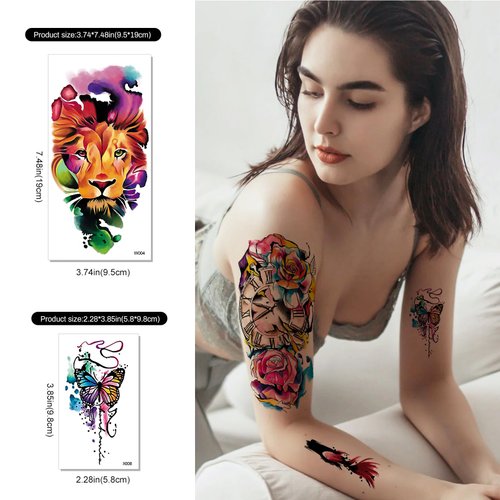 Aresvns Cute Watercolor Temporary Tattoos for Women,Colourful Roses Flower Butterfly Lion Fake Tattoos for Adults Shoulder Arm Hands，Small Fake tattoos for Girls