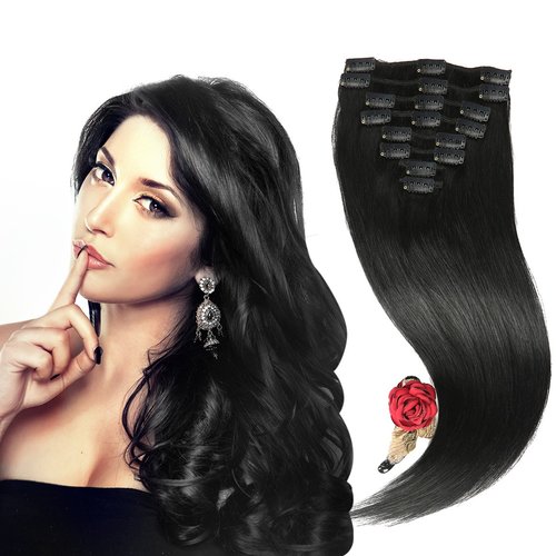 13" Remy Hair Extensions Clip in Human Hair with 18clips 8pcs Soft Smooth Straight feeling for Lady (80g by gross, Jet Black #1)