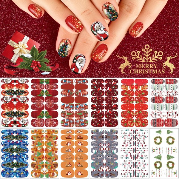 12 Sheets Christmas Nail Wraps Full Stickers Nail Polish Strips, DIY Self-Adhesive Nail Art Decals Santa Claus Xmas Tree Snowflake Pattern with 2 Piece Nail Files for Party Decor (168 Pieces)
