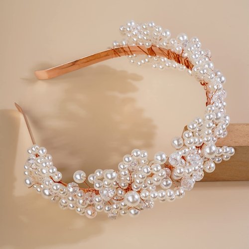 Xerling Floral Pearl Headband Tiara for Girls Bridal Hair Accessory for Wedding Crystal Crown for Party Headdress Hair Band Jewelry (Rose Gold)