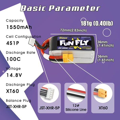TATTU FunFly 4S Lipo Battery 1550mAh 100C 14.8V LiPo Battery Pack with XT60 Plug for RC Boat Heli Airplane UAV Drone FPV Skylark Emax Nighthawk 250 Practice