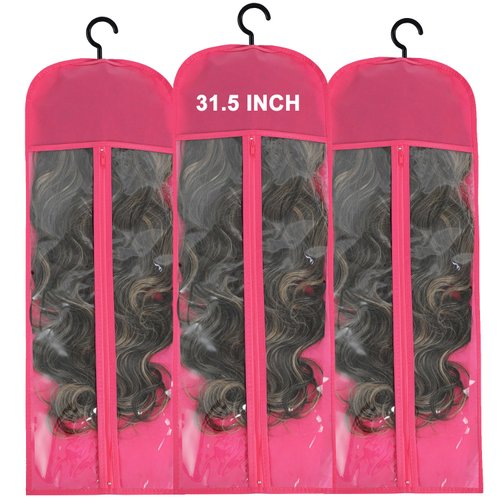 3Pcs Wig Hanger Wig Holder Hair Extension Holder Wig Bags Extra Long Wig Storage Bags with Hanger Hair Extension Storage Wig Storage for Multiple Wigs Hair Extensions, Wigs Accessorie (Hot Pink)