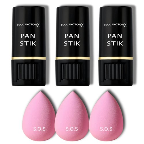 Max Factor Pan Stik Foundation 012 True Beige (Pack of 3) with S.O.S Beauty Blender (Pack of 3) bundle