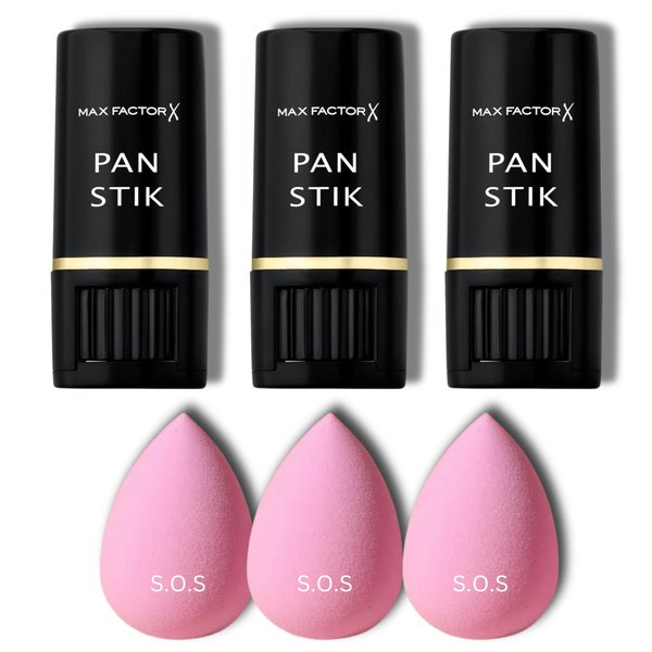 Max Factor Pan Stik Foundation 012 True Beige (Pack of 3) with S.O.S Beauty Blender (Pack of 3) bundle