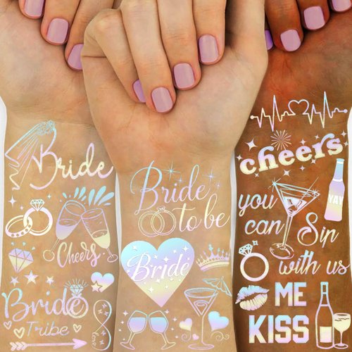 Cheers Bachelorette Temporary Tattoos For Women Girls Men Adults, 56+ Iridescent Flash Glitter Metallic Fake Tattoo Stickers Bachelor Party Favor Supplies, Bridesmaid Bride To Be Rave Decoration