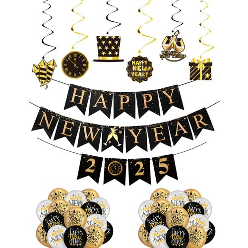 Happy New Year 2025 Banner,Hanging Swirls,New Year Balloons for New Year's Eve Party Decorations Supplies