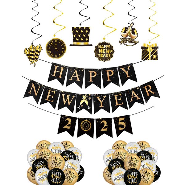 Happy New Year 2025 Banner,Hanging Swirls,New Year Balloons for New Year's Eve Party Decorations Supplies