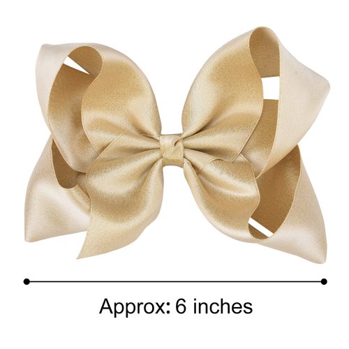 DEEKA 2 PCS 6" Big Hand-made Shiny Glitter Ribbon Hair Bows Alligator Clips Hair Accessories for Little Teen Toddler Girls Kids Set of 2 -Light Gold