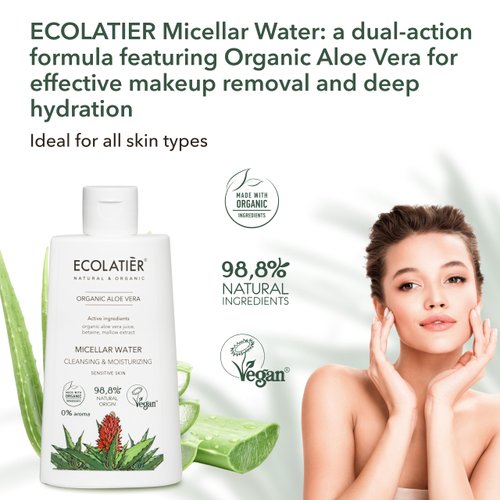Micellar Water Cleansing & Moisturizing Organic Aloe Vera - 98.8% Natural Ingredients, Vegan Certified Micellar Water Makeup Remover for All Skin Types - 8.5 Fl Oz / 250ml - (package may vary)