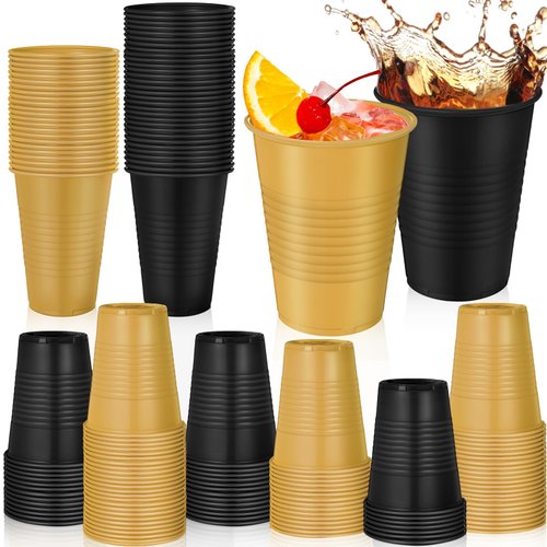 Funnymoom Black and Gold Disposable Plastic Cups Graduation Cups 12 oz Cups Bulk for Party Graduation Beverage Cups for Christmas Holiday Wedding Birthday Party Supplies