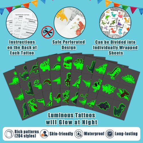 Partywind 204 Styles Glow Dinosaur Party Supplies, 34 Sheets Dinosaur Temporary Tattoos for Kids Goodie Bag Stuffers, Glow Dinosaur Tattoos for the Dark Party Decorations
