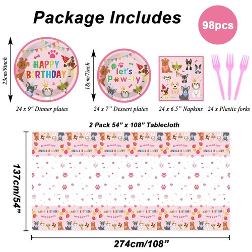 98pcs Dog Birthday Party Decorations Puppy Tableware Set Plates Napkins Pink Dog Theme Tablecloth for Girls Birthday Lets Pawty Party Supplies Kit Pet Dog Table Cover Dinnerware Paw Print Party Favors